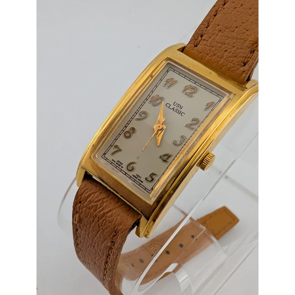 Vintage USN Classic Tank Watch Women 20mm Gold Case Leather Band- New‎ Battery